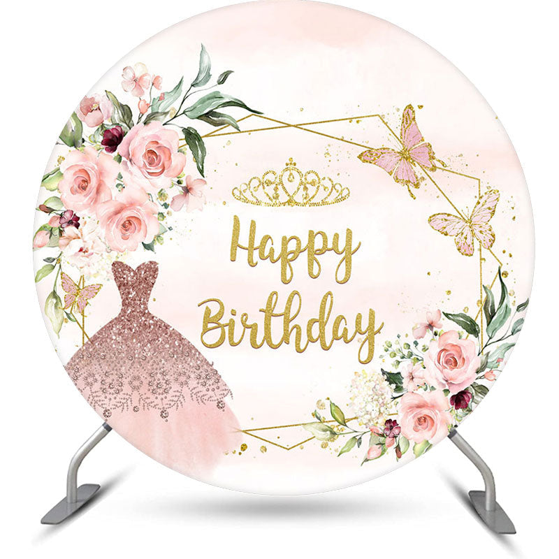 Aperturee - Pink Floral Sparkling Dress Round Birthday Backdrop