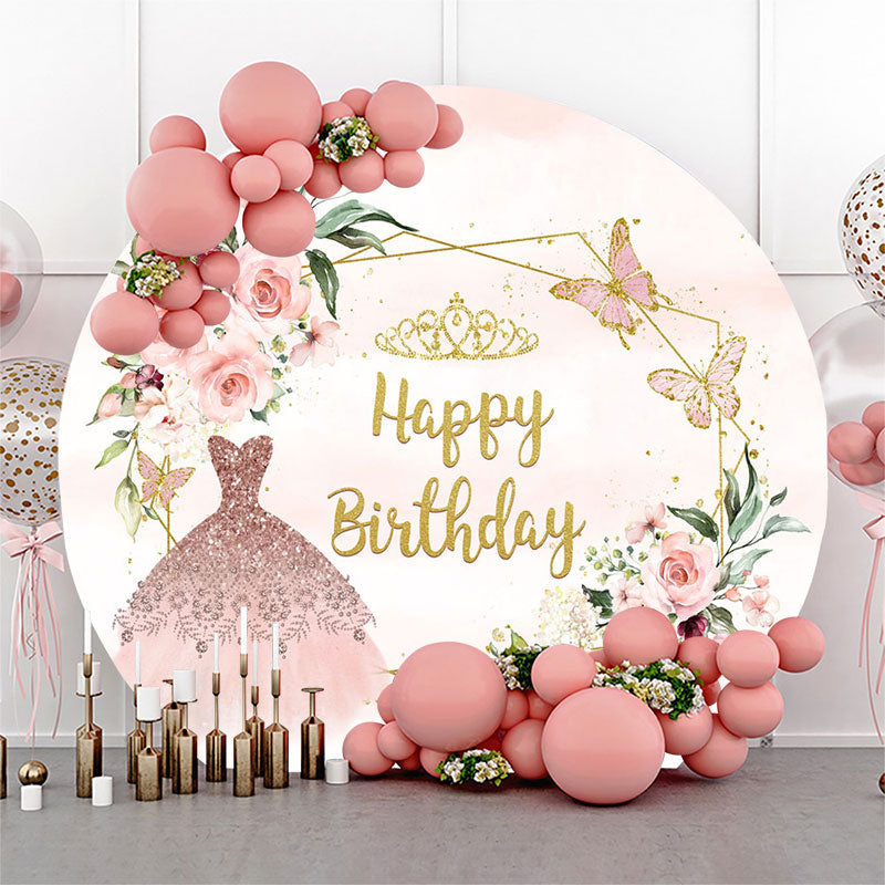 Aperturee - Pink Floral Sparkling Dress Round Birthday Backdrop