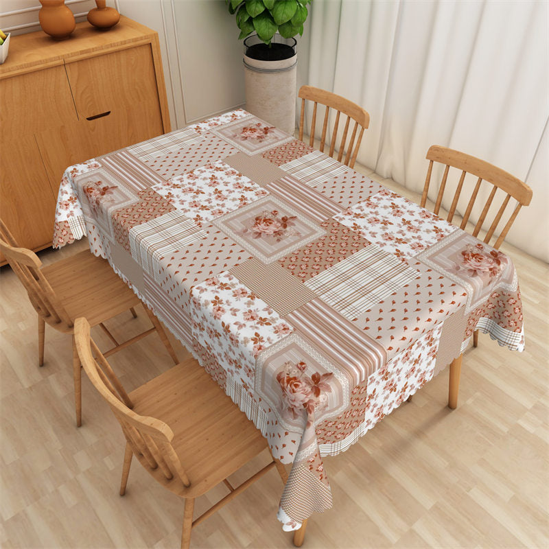 Aperturee - Pink Floral Splicing Plaid Rectangle Tablecloth