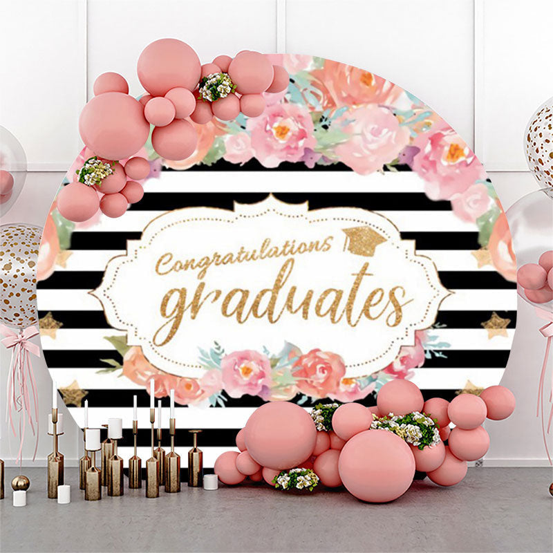 Aperturee Pink Floral Stripes Circle Congrats Grad Backdrop