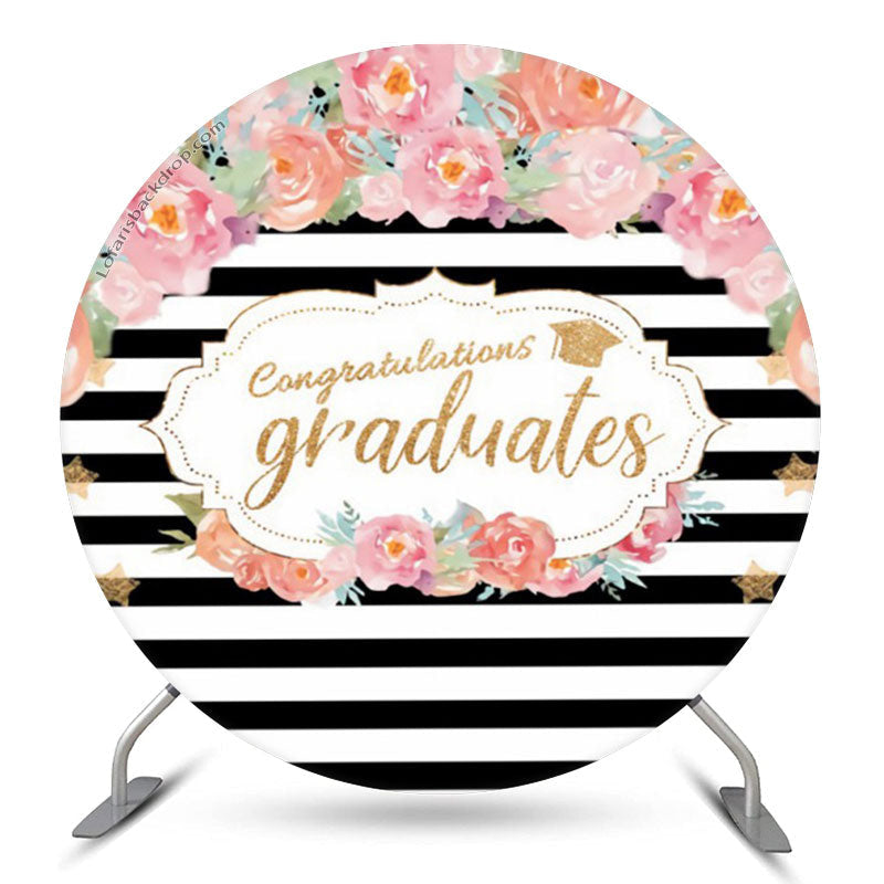 Aperturee Pink Floral Stripes Circle Congrats Grad Backdrop