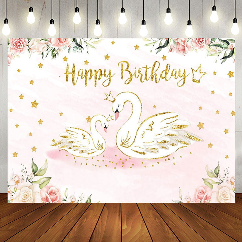 Aperturee - Pink Floral Swan Golden Stars Birthday Backdrop