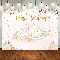 Aperturee - Pink Floral Swan Golden Stars Birthday Backdrop