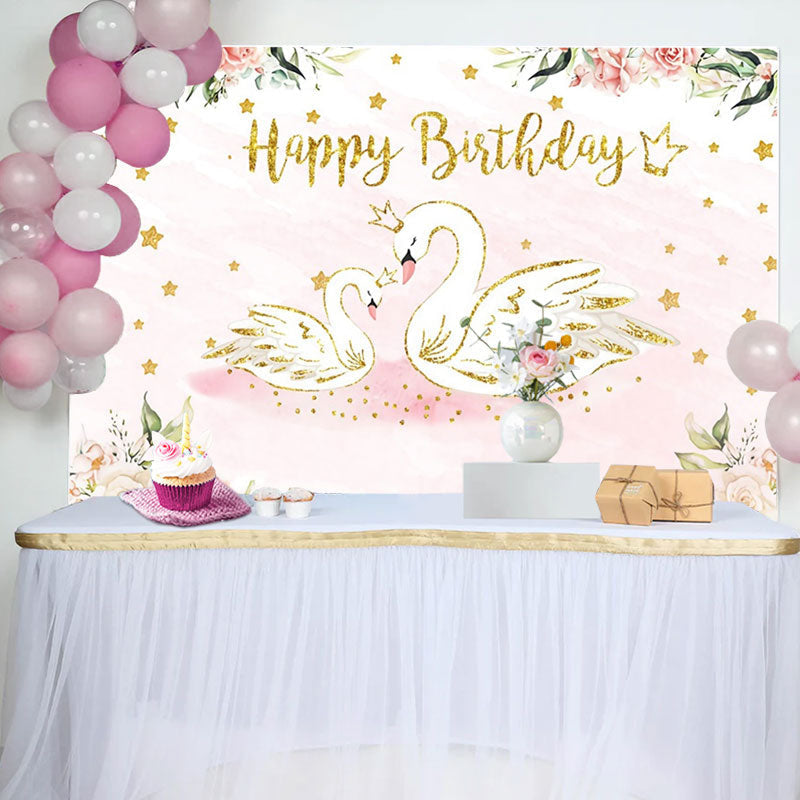 Aperturee - Pink Floral Swan Golden Stars Birthday Backdrop