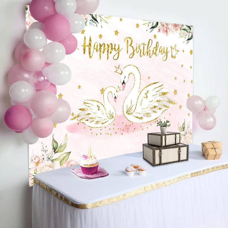 Aperturee - Pink Floral Swan Golden Stars Birthday Backdrop