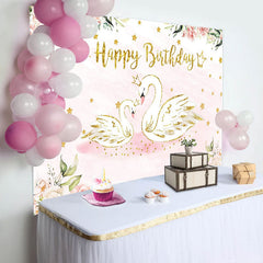 Aperturee - Pink Floral Swan Golden Stars Birthday Backdrop