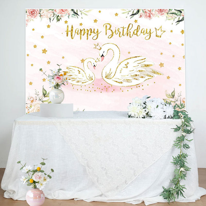 Aperturee - Pink Floral Swan Golden Stars Birthday Backdrop