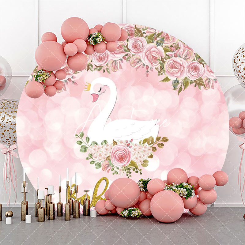 Aperturee - Pink Floral Swan Round Baby Shower Backdrop For Girl