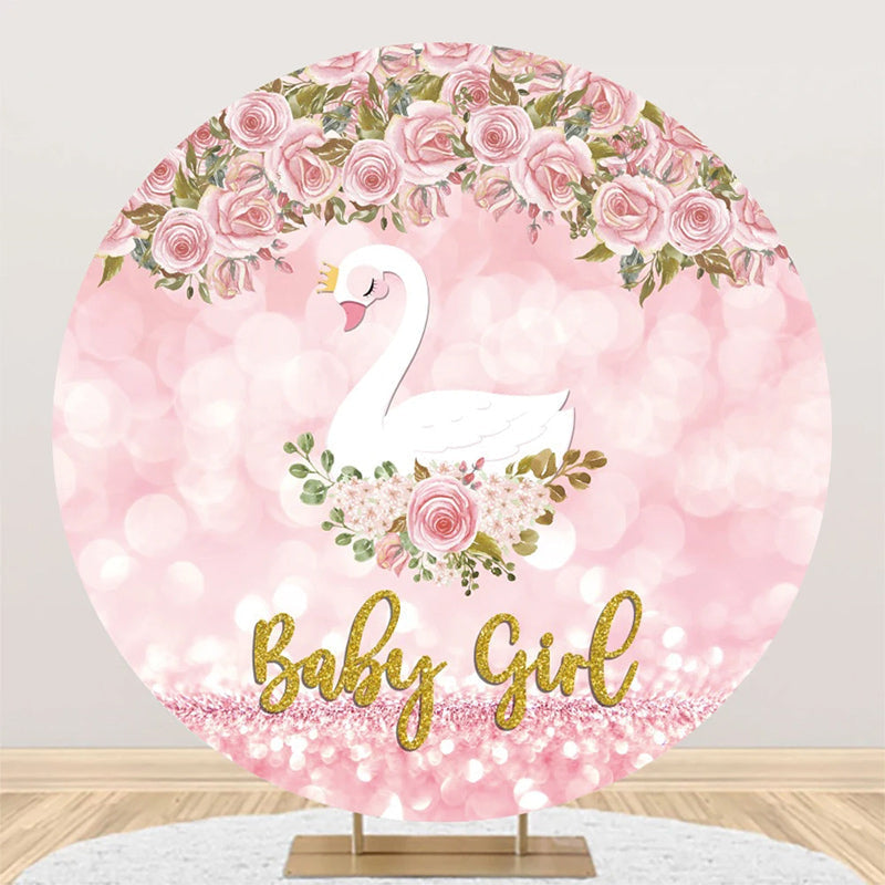 Aperturee - Pink Floral Swan Round Baby Shower Backdrop For Girl