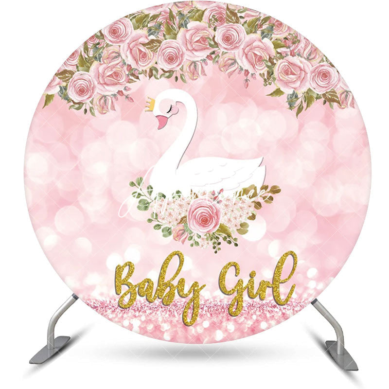 Aperturee - Pink Floral Swan Round Baby Shower Backdrop For Girl