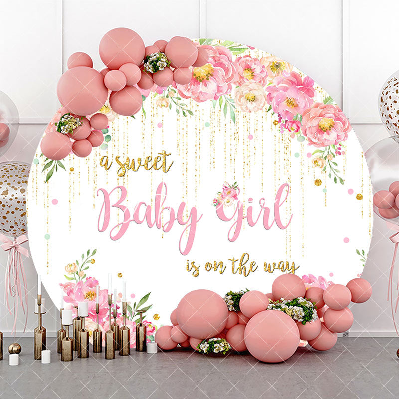 Aperturee - Pink Floral Sweet Girl Round Baby Shower Backdrop