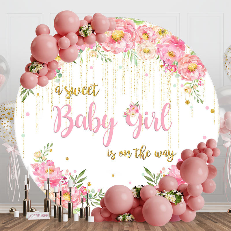 Aperturee - Pink Floral Sweet Girl Round Baby Shower Backdrop