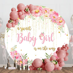 Aperturee - Pink Floral Sweet Girl Round Baby Shower Backdrop