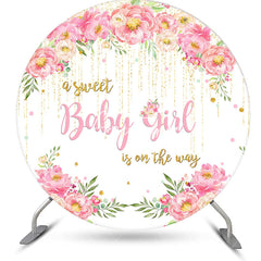 Aperturee - Pink Floral Sweet Girl Round Baby Shower Backdrop