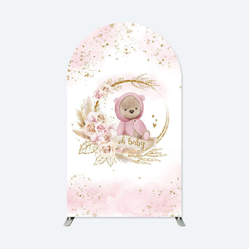 Aperturee - Pink Floral Teddy Bear Arch Backdrop For Baby Shower