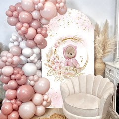 Aperturee - Pink Floral Teddy Bear Arch Backdrop For Baby Shower