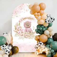 Aperturee - Pink Floral Teddy Bear Arch Backdrop For Baby Shower