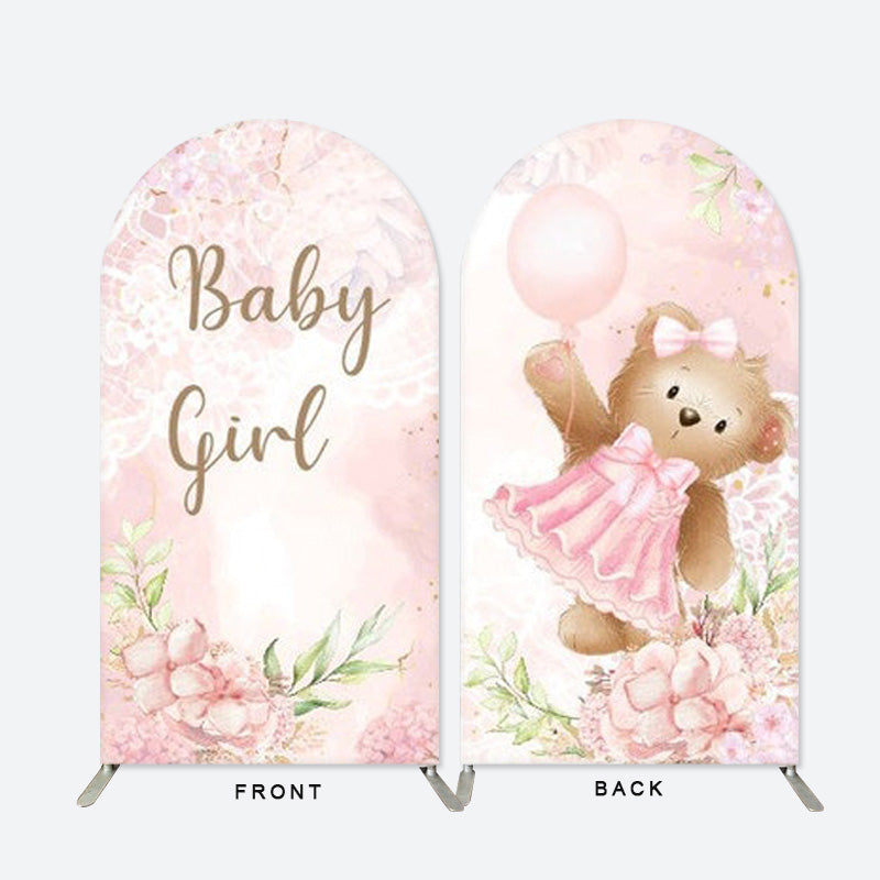 Aperturee - Pink Floral Teddy Bear Baby Shower Arch Backdrop