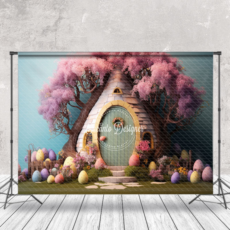 Aperturee - Pink Floral Tree Egg House Easter Photo Backdrop