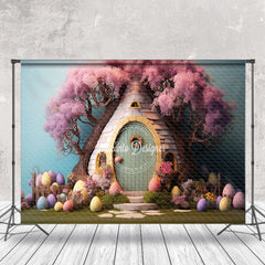 Aperturee - Pink Floral Tree Egg House Easter Photo Backdrop