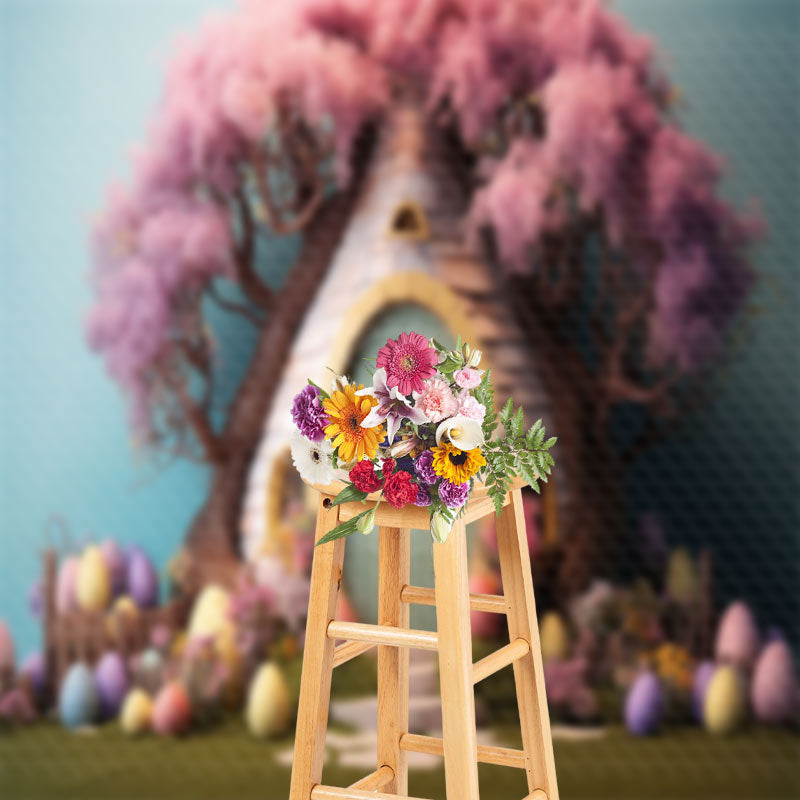 Aperturee - Pink Floral Tree Egg House Easter Photo Backdrop