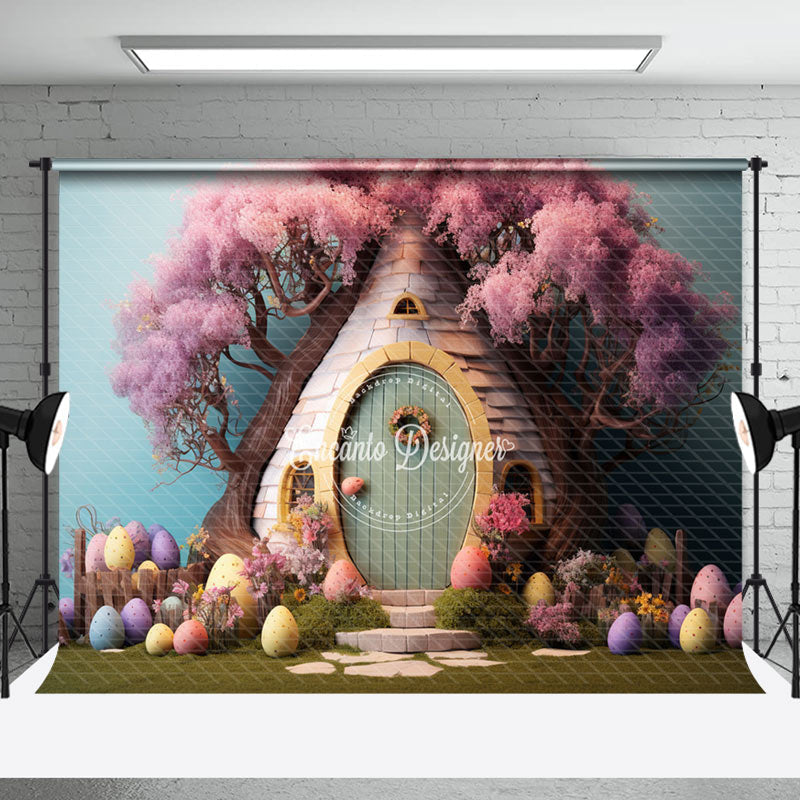 Aperturee - Pink Floral Tree Egg House Easter Photo Backdrop