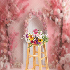 Aperturee - Pink Floral Trees White Arch Door Wedding Backdrop