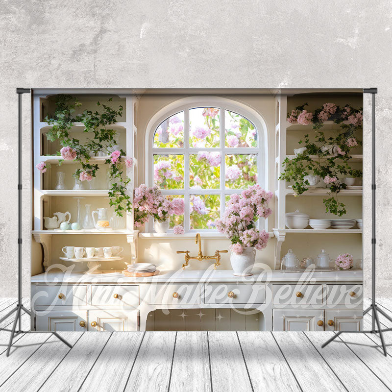 Aperturee - Pink Floral Vase White Gold Cupboard Window Backdrop