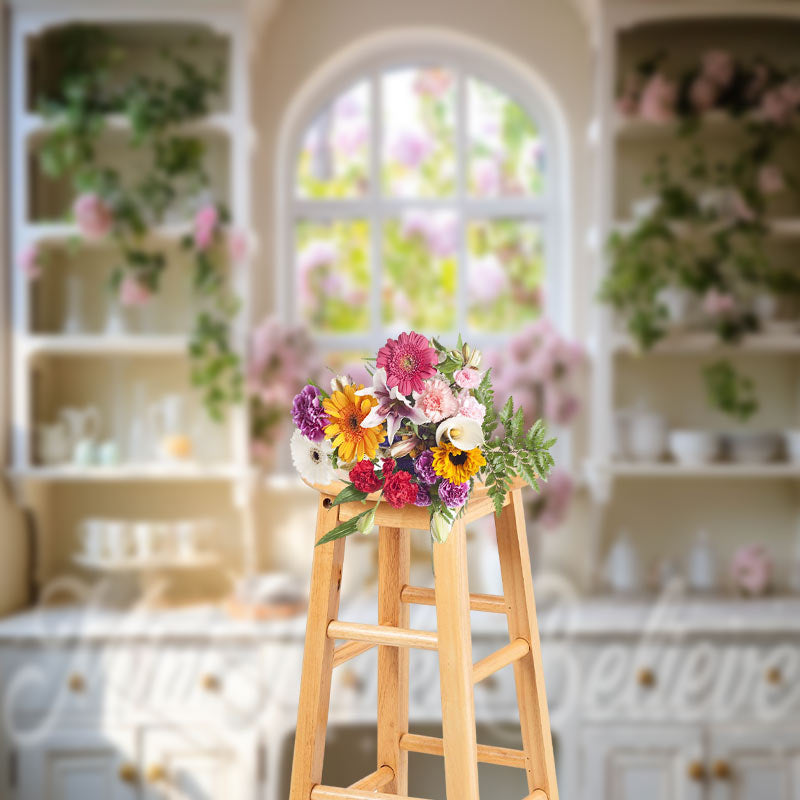 Aperturee - Pink Floral Vase White Gold Cupboard Window Backdrop