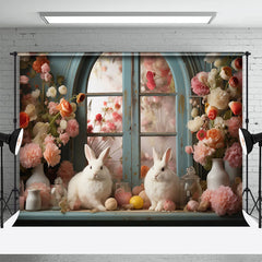 Aperturee - Pink Floral Vase Window Rabbits Easter Backdrop