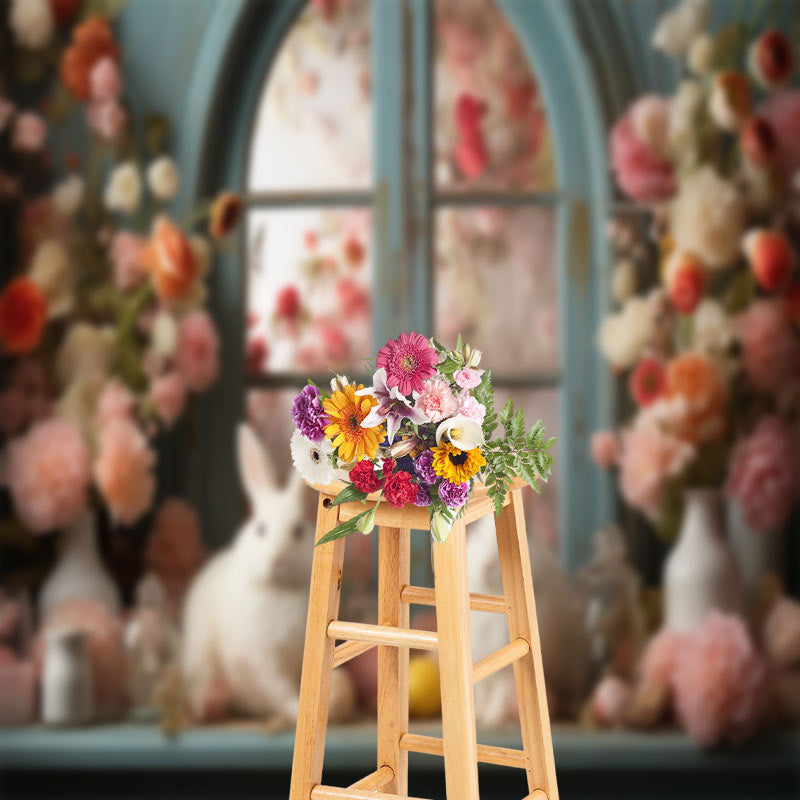 Aperturee - Pink Floral Vase Window Rabbits Easter Backdrop