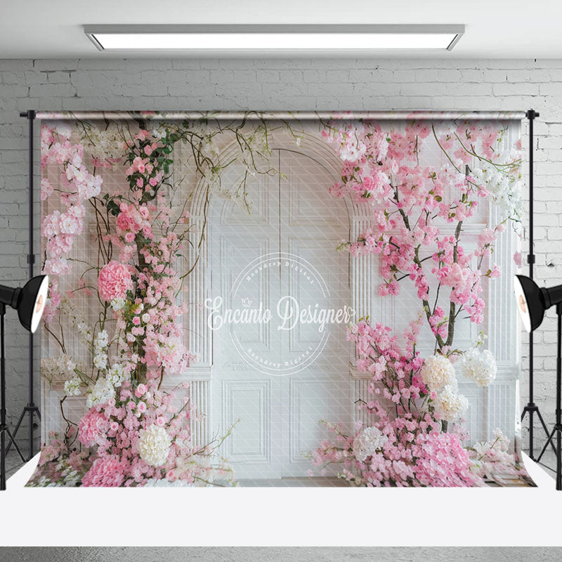 Aperturee - Pink Floral Vine White Arch Door Wedding Backdrop