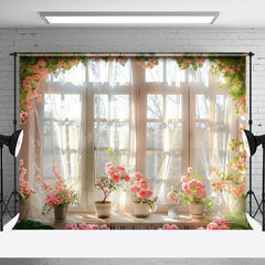 Aperturee - Pink Floral Warm Sunshine Window Photo Backdrop