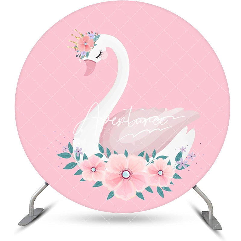 Aperturee - Pink Floral White Swan Round Backdrop For Birthday