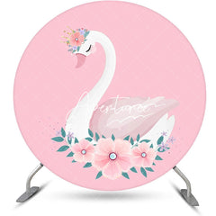 Aperturee - Pink Floral White Swan Round Backdrop For Birthday