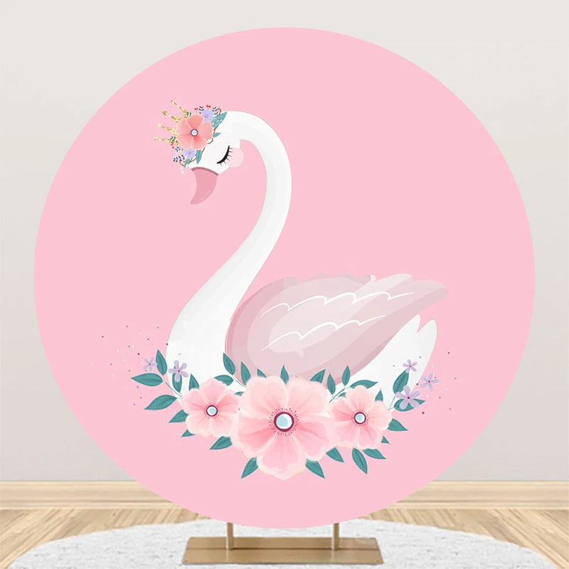 Aperturee - Pink Floral White Swan Round Backdrop For Birthday