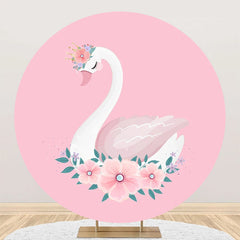 Aperturee - Pink Floral White Swan Round Backdrop For Birthday