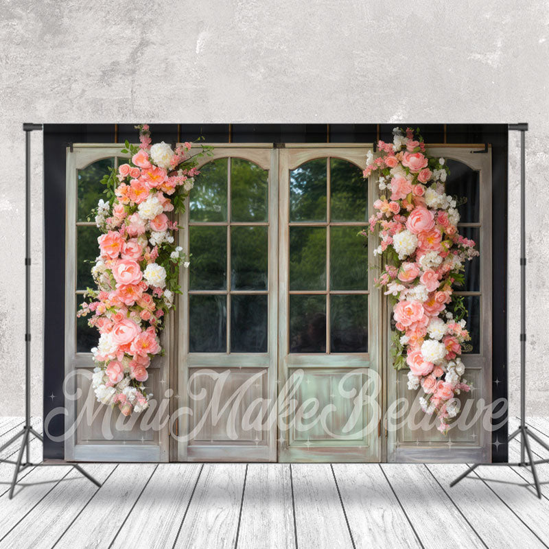 Aperturee - Pink Floral White Wood Door And Window Backdrop