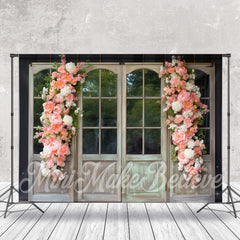 Aperturee - Pink Floral White Wood Door And Window Backdrop