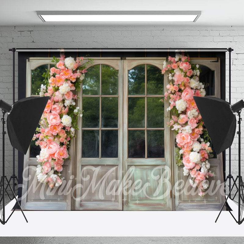 Aperturee - Pink Floral White Wood Door And Window Backdrop