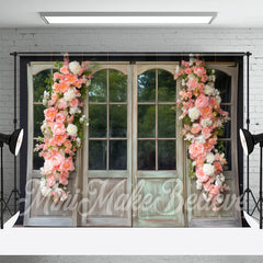 Aperturee - Pink Floral White Wood Door And Window Backdrop