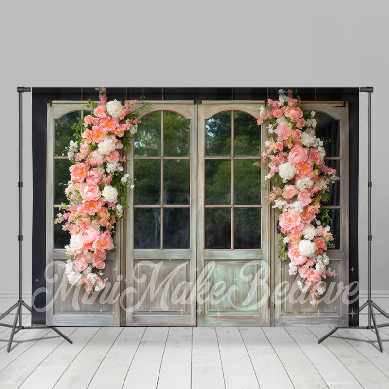 Aperturee - Pink Floral White Wood Door And Window Backdrop