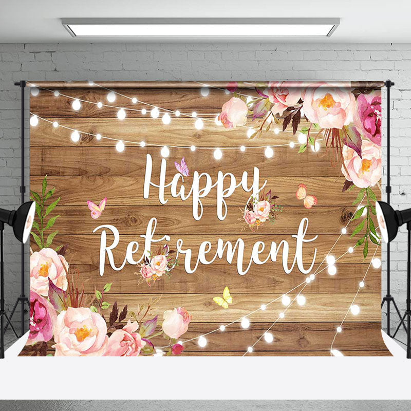 Aperturee - Pink Floral Wooden Wall Happy Retirement Backdrop