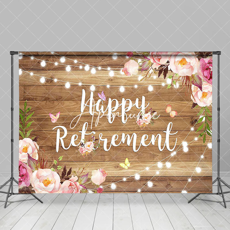 Aperturee - Pink Floral Wooden Wall Happy Retirement Backdrop