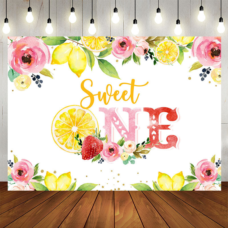 Aperturee - Pink Floral Yellow Lemon Sweet 1st Birthday Backdrop