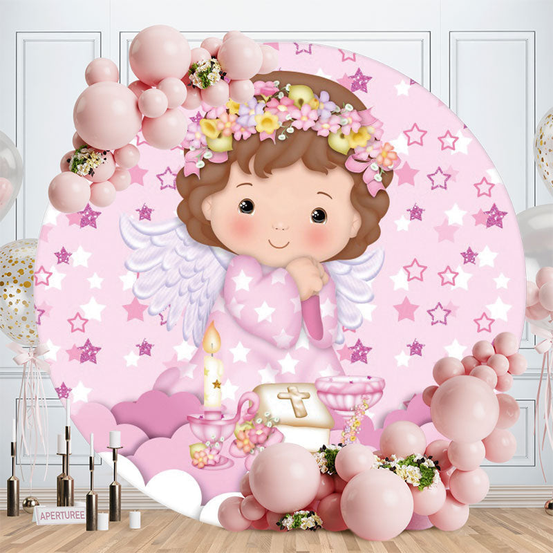 Aperturee - Pink Flower And Girl Round Baby Shower Backdrop