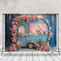 Aperturee - Pink Flower Blue Curtain Retro RV Spring Backdrop