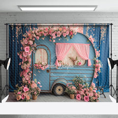 Aperturee - Pink Flower Blue Curtain Retro RV Spring Backdrop