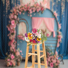 Aperturee - Pink Flower Blue Curtain Retro RV Spring Backdrop