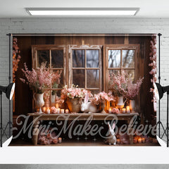 Aperturee - Pink Flower Bunny Wood Desk Window Easter Backdrop